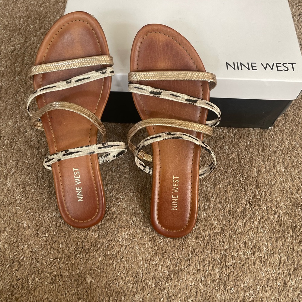 Nine West Brown Leather Slide Sandals with Gold and Cream Straps